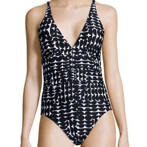 Calvin Klein Printed Plunge Swimsuit-BLACK WHITE-6